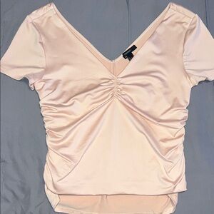 Forever 21 Light Blush Ruched V-Neck Short Sleeve Top